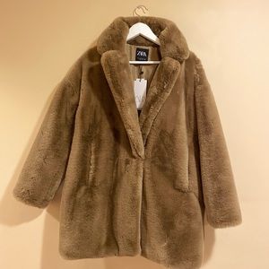 ZARA SOFT BROWN TEDDY BEAR FAUX FUR COAT LAPEL COLLAR LONG TEXTURED OVER JACKET